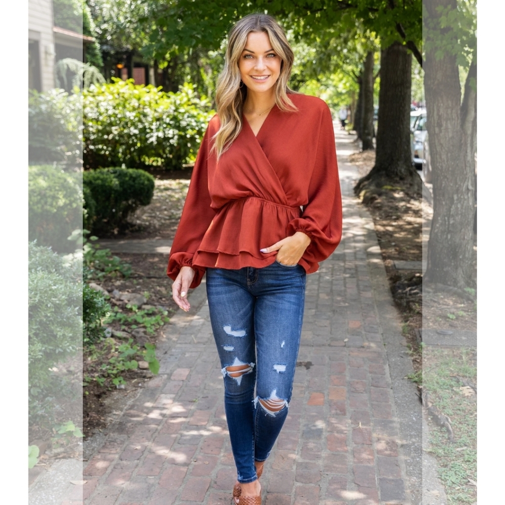 Rust layered peplum blouse